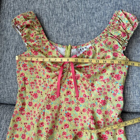 VTG D.B.Y. Mini Dress Yellow Pink Floral Ruffle Bow Accent Size 13/14 - Picture 3 of 8